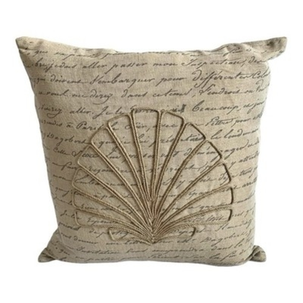 Beige Decorative Throw Pillow Shell Embroidery French Script Square Cushion